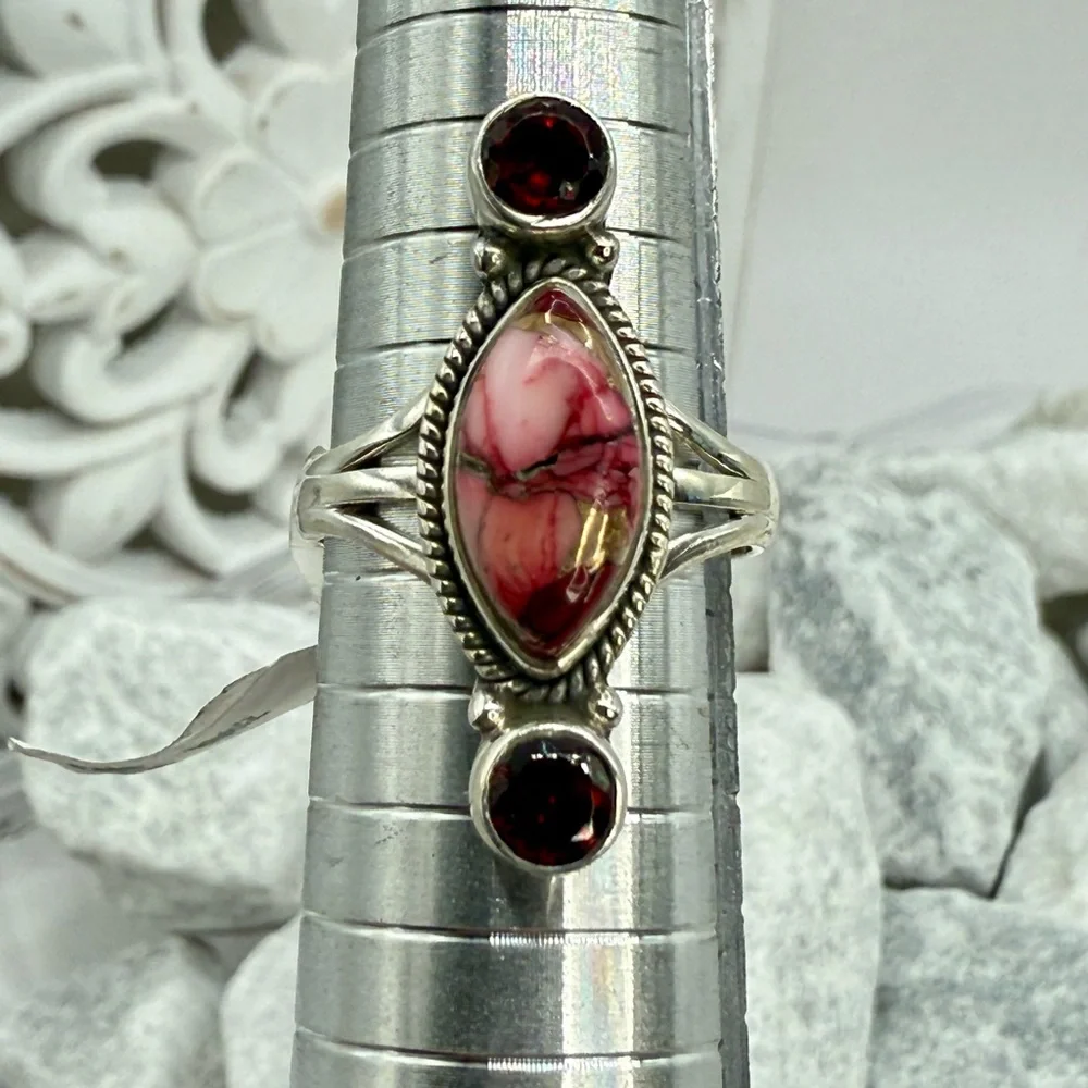 NWT Sterling Silver Red Dahlia Turquoise Garnet Ring Size 8 Boho Southwestern